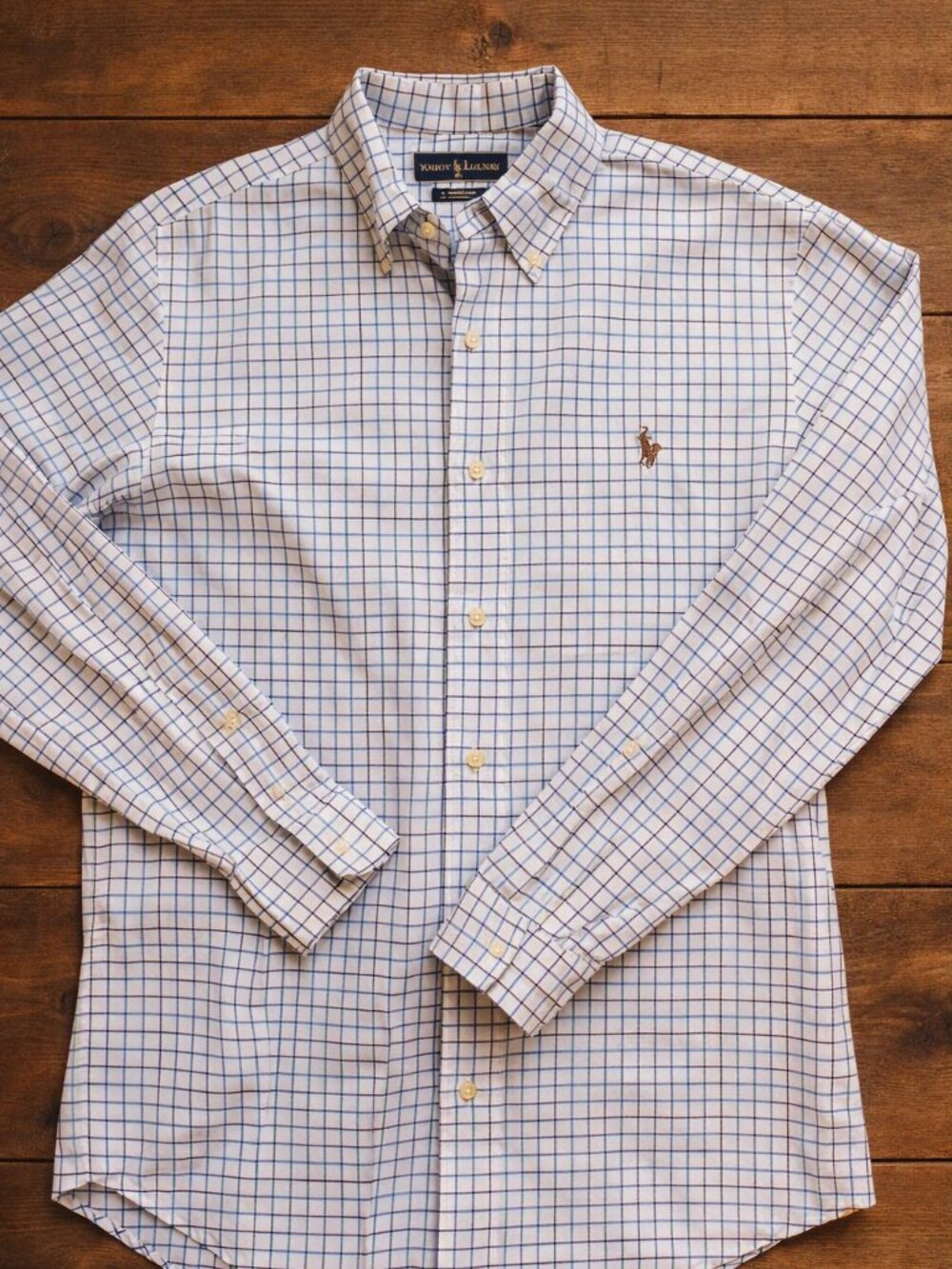 Ralph Lauren White and Navy Windowpane Button-Down Shirt Slim Fit Stretch Oxford